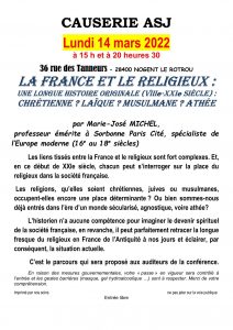 Causerie du 14 mars 2022 : « La France et le religieux » par Marie-José MICHEL